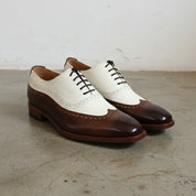Men Formal Leather Two Tone Shoes, Brown And White Wingtip Spectator Shoes - angle-view-showing-depth