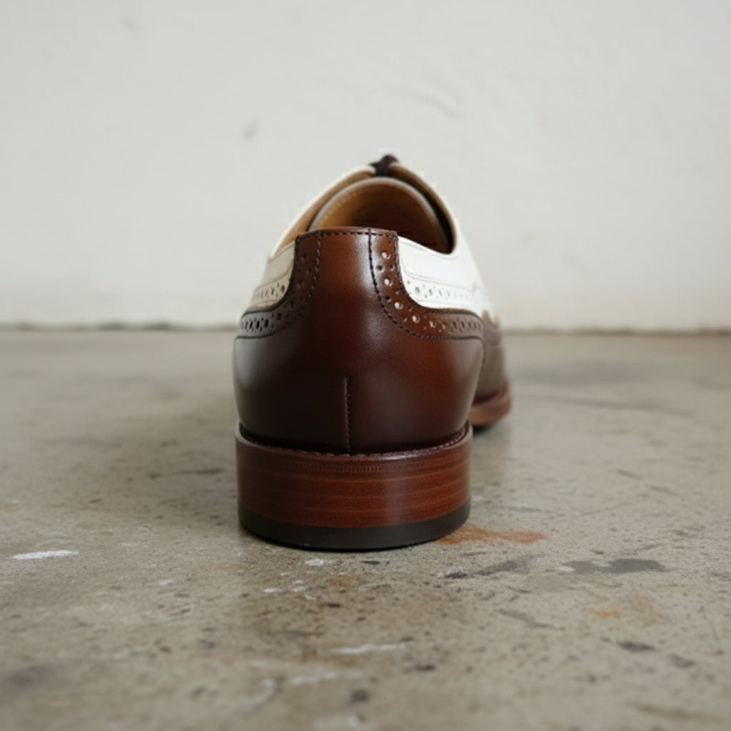 Men Formal Leather Two Tone Shoes, Brown And White Wingtip Spectator Shoes - detail-view-showing-texture