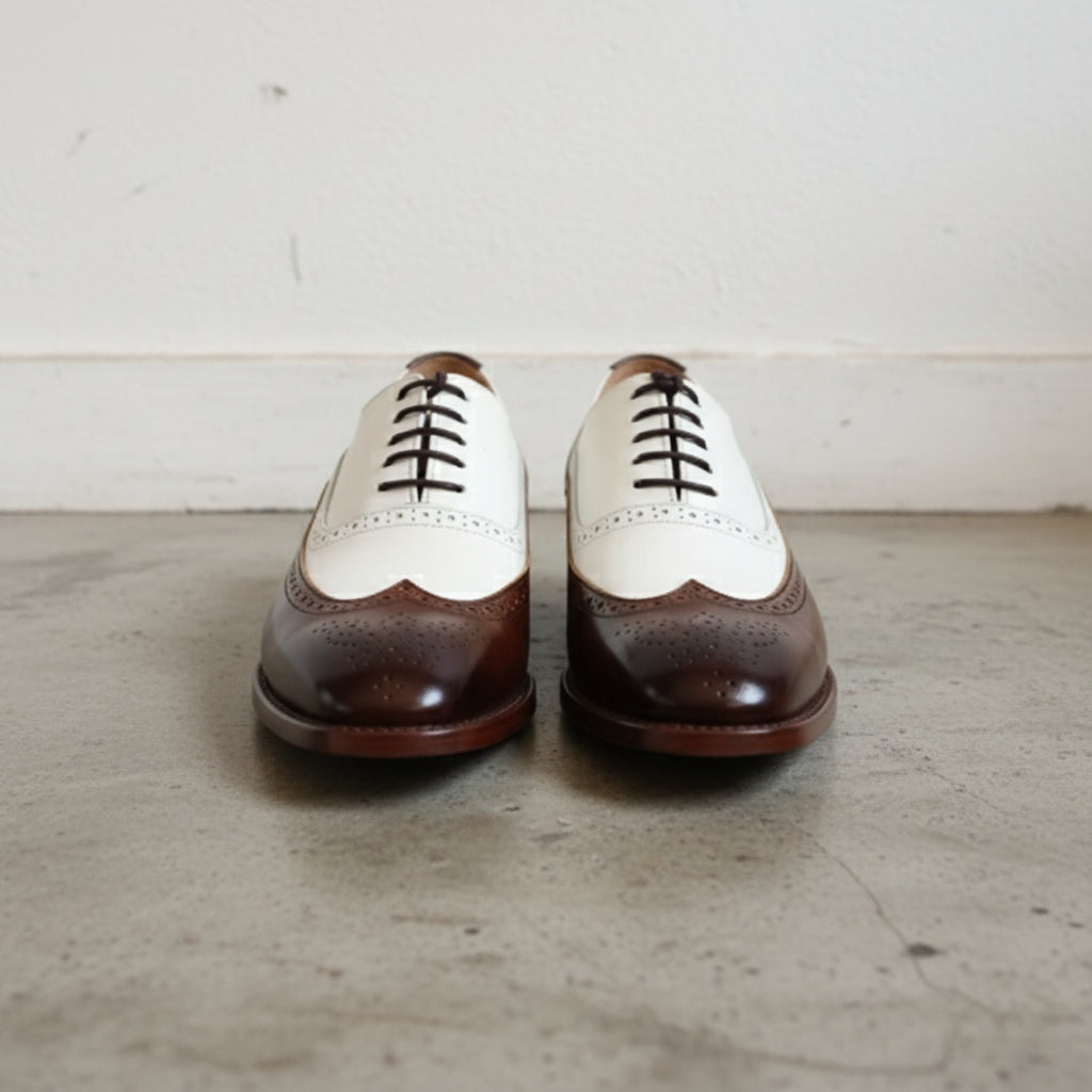 Men Formal Leather Two Tone Shoes, Brown And White Wingtip Spectator Shoes - front-view