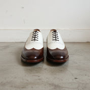 Men Formal Leather Two Tone Shoes, Brown And White Wingtip Spectator Shoes - front-view