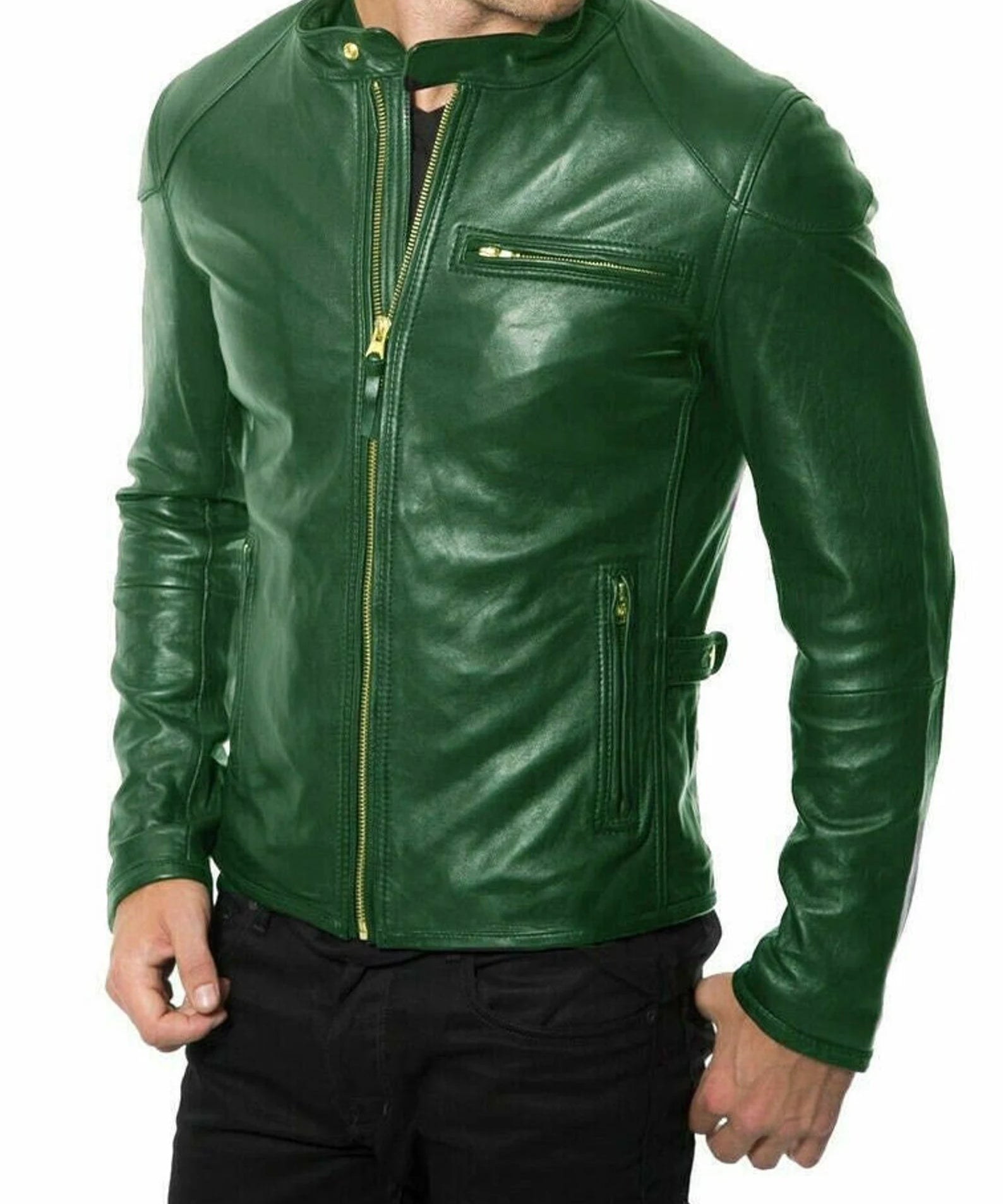 Men Green leather slim fit jacket, Men biker jacket, Motorcycle jacket men