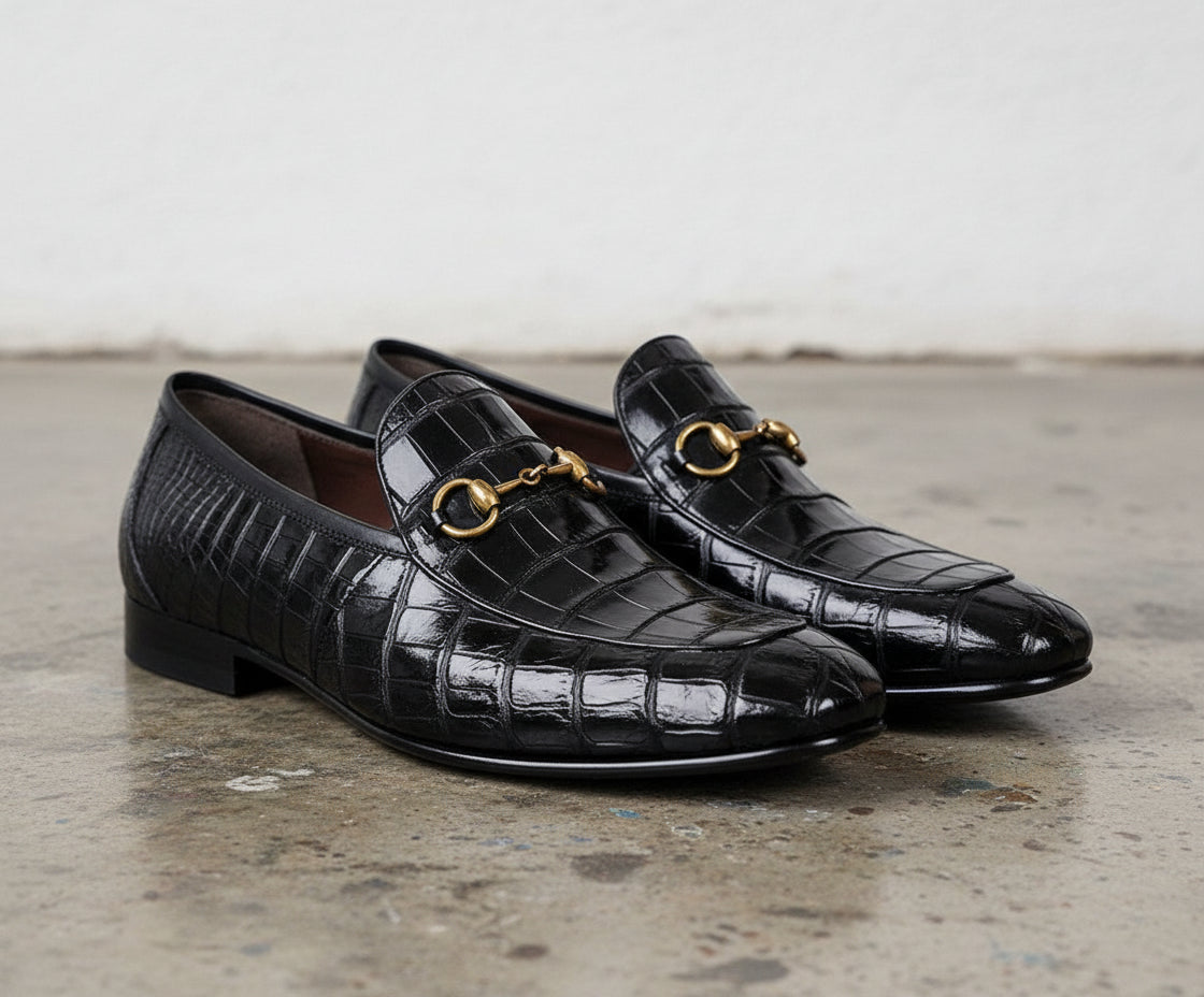 Men Handmade Black Crocodile Texture Leather Moccasin Slip on Shoes - 3-4-right-view