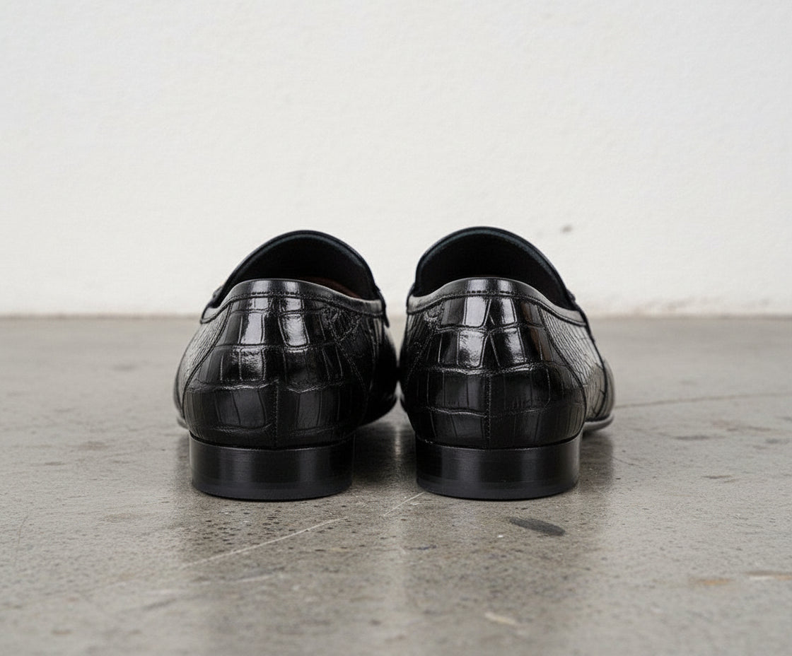 Men Handmade Black Crocodile Texture Leather Moccasin Slip on Shoes - back-view