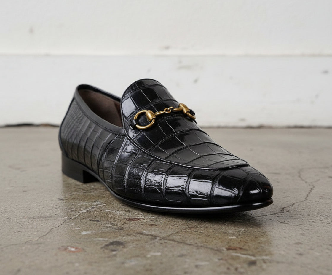 Men Handmade Black Crocodile Texture Leather Moccasin Slip on Shoes - detail-view-showing-texture