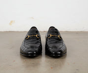 Men Handmade Black Crocodile Texture Leather Moccasin Slip on Shoes - front-view