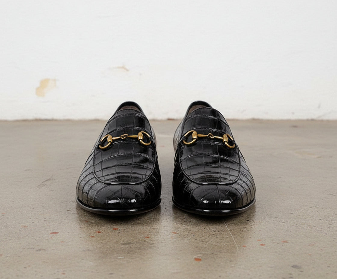 Men Handmade Black Crocodile Texture Leather Moccasin Slip on Shoes - front-view