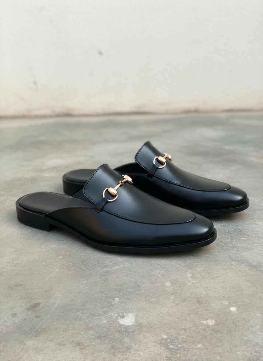 Men Handmade Black Leather Mule Slippers, Flat Horsebit Leather Slippers - 3-4-right-view