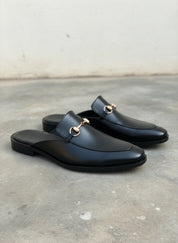 Men Handmade Black Leather Mule Slippers, Flat Horsebit Leather Slippers - 3-4-right-view