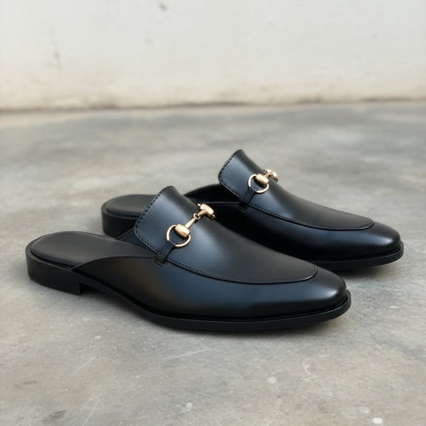 Men Handmade Black Leather Mule Slippers, Flat Horsebit Leather Slippers - 3-4-right-view