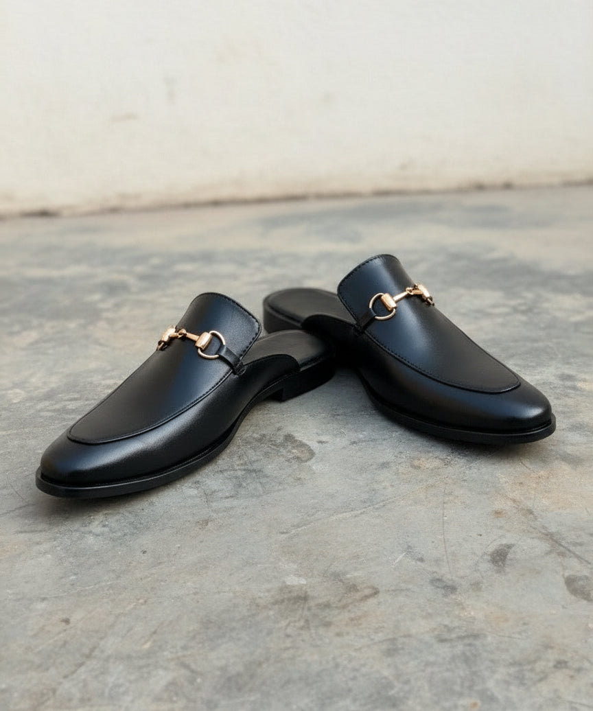 Men Handmade Black Leather Mule Slippers, Flat Horsebit Leather Slippers - angle-view-showing-depth