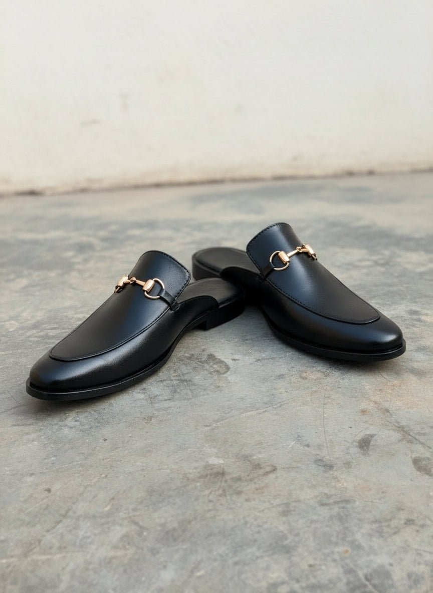Men Handmade Black Leather Mule Slippers, Flat Horsebit Leather Slippers - angle-view-showing-depth