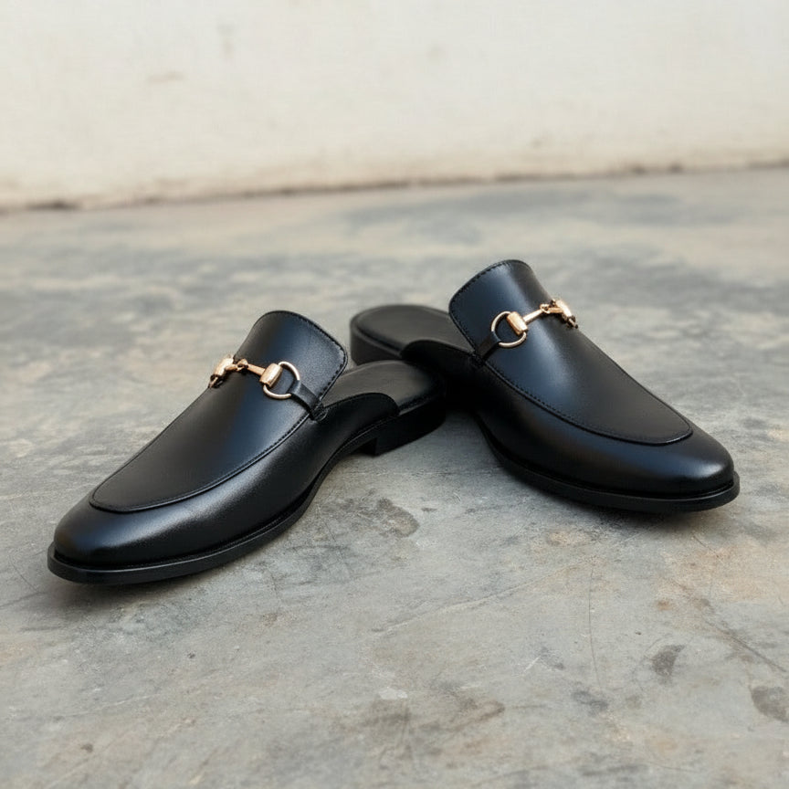 Men Handmade Black Leather Mule Slippers, Flat Horsebit Leather Slippers - angle-view-showing-depth