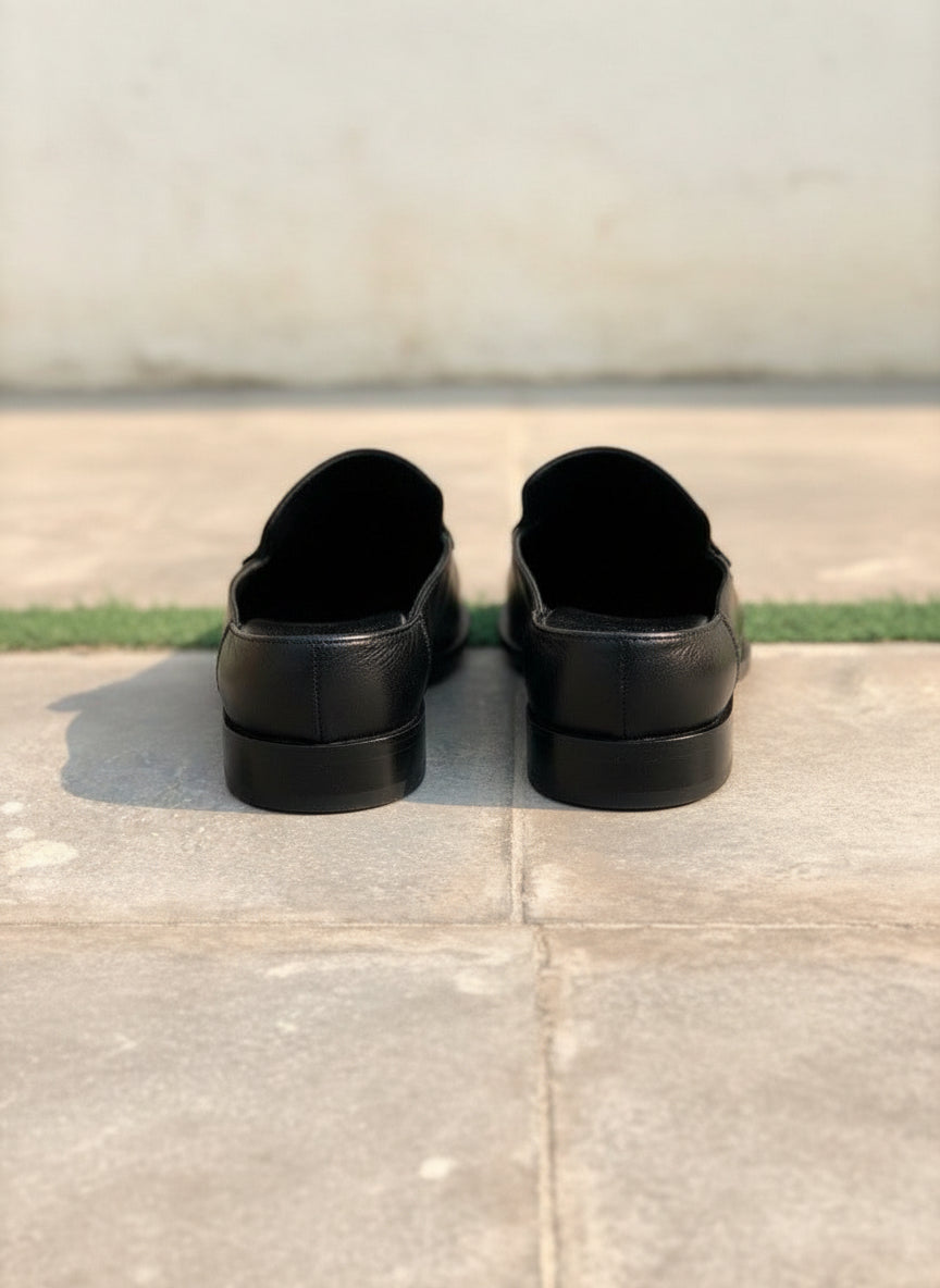 Men Handmade Black Leather Mule Slippers, Flat Horsebit Leather Slippers - back-view