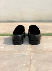Men Handmade Black Leather Mule Slippers, Flat Horsebit Leather Slippers - back-view