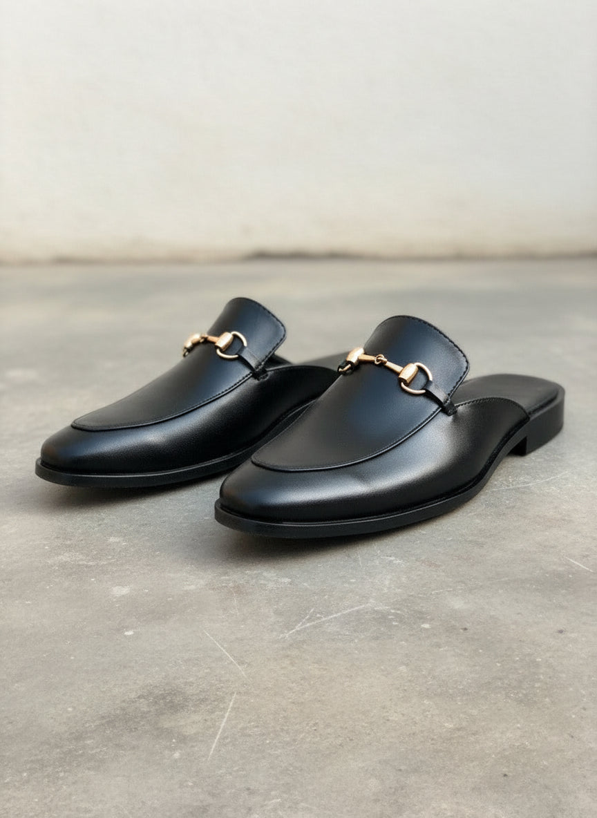 Men Handmade Black Leather Mule Slippers, Flat Horsebit Leather Slippers - detail-view-showing-texture