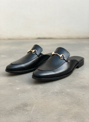 Men Handmade Black Leather Mule Slippers, Flat Horsebit Leather Slippers - detail-view-showing-texture