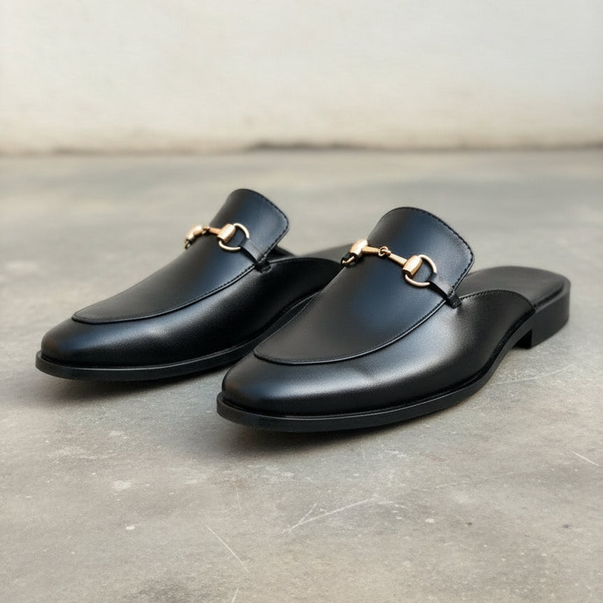 Men Handmade Black Leather Mule Slippers, Flat Horsebit Leather Slippers - detail-view-showing-texture