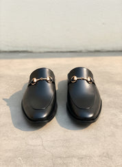 Men Handmade Black Leather Mule Slippers, Flat Horsebit Leather Slippers - front-view