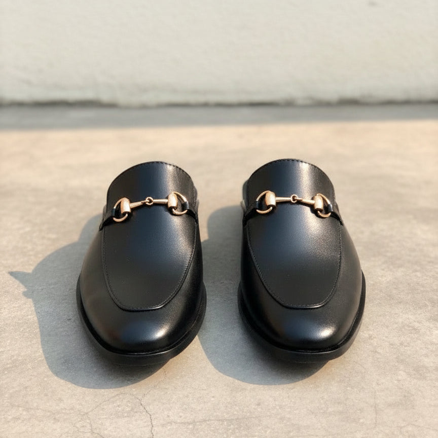 Men Handmade Black Leather Mule Slippers, Flat Horsebit Leather Slippers - front-view