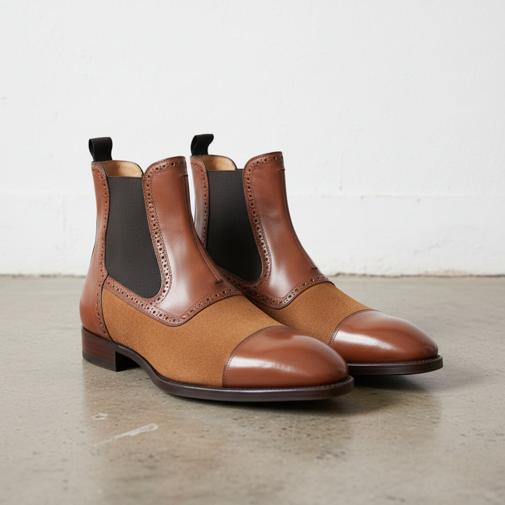 Men Handmade Brown Leather and Suede Chelsea Boots, Casual Boots - 3-4-right-view