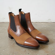 Men Handmade Brown Leather and Suede Chelsea Boots, Casual Boots - angle-view-showing-depth