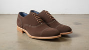 Men handmade Brown suede leather dress shoes, classic brown office shoes - angle-view-showing-depth