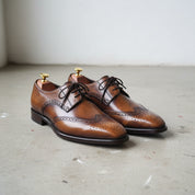 Men Handmade Brown Wingtip Leather Formal Dress Shoes, Men brogue Shoes - angle-view-showing-depth