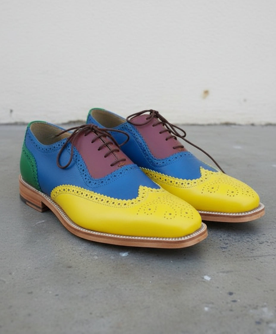 Men Handmade Multi color Leather Brogue Shoes with Lace up Closure - 3-4-right-view