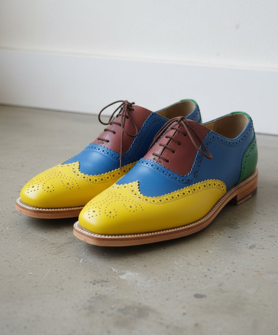 Men Handmade Multi color Leather Brogue Shoes with Lace up Closure - angle-view-showing-depth
