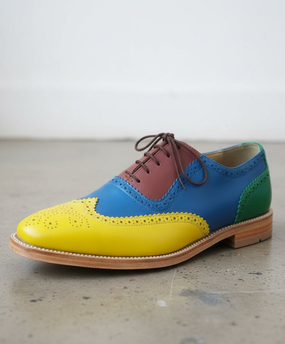 Men Handmade Multi color Leather Brogue Shoes with Lace up Closure - detail-view-showing-texture