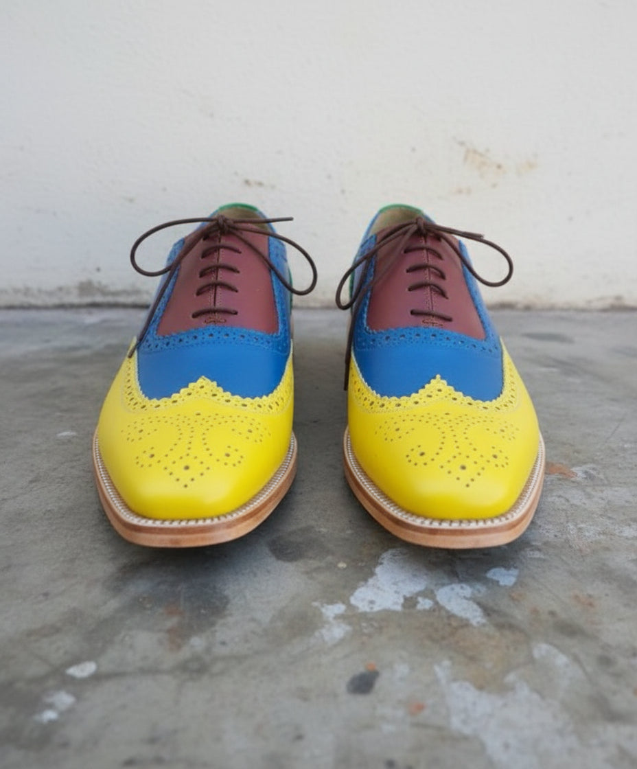 Men Handmade Multi color Leather Brogue Shoes with Lace up Closure - front-view