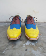 Men Handmade Multi color Leather Brogue Shoes with Lace up Closure - front-view
