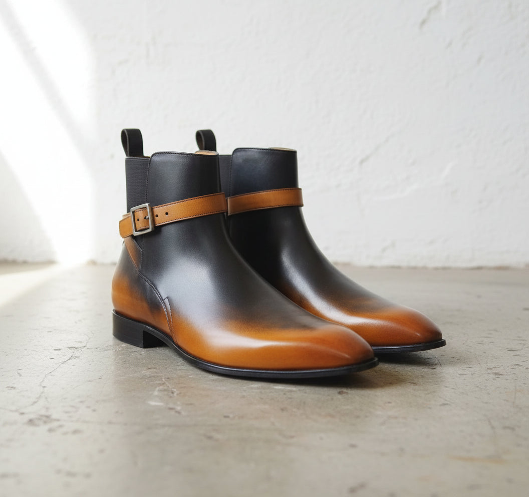 Men Handmade Shaded Tan Black Leather Jodhpurs, Men Office Ankle Boots - angle-view-showing-depth