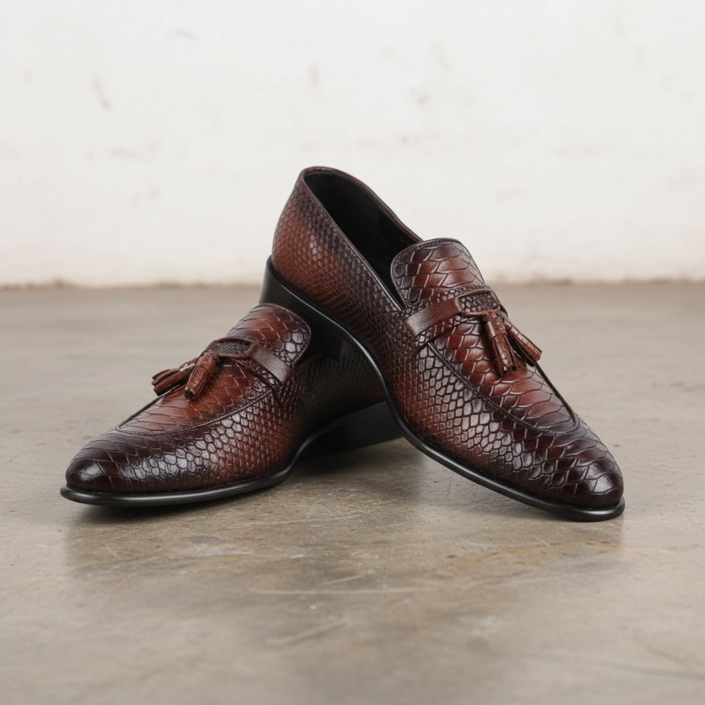 Men handmade shaded tan brown alligator texture leather tassels loafers - angle-view-showing-depth