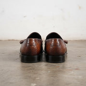 Men handmade shaded tan brown alligator texture leather tassels loafers - back-view