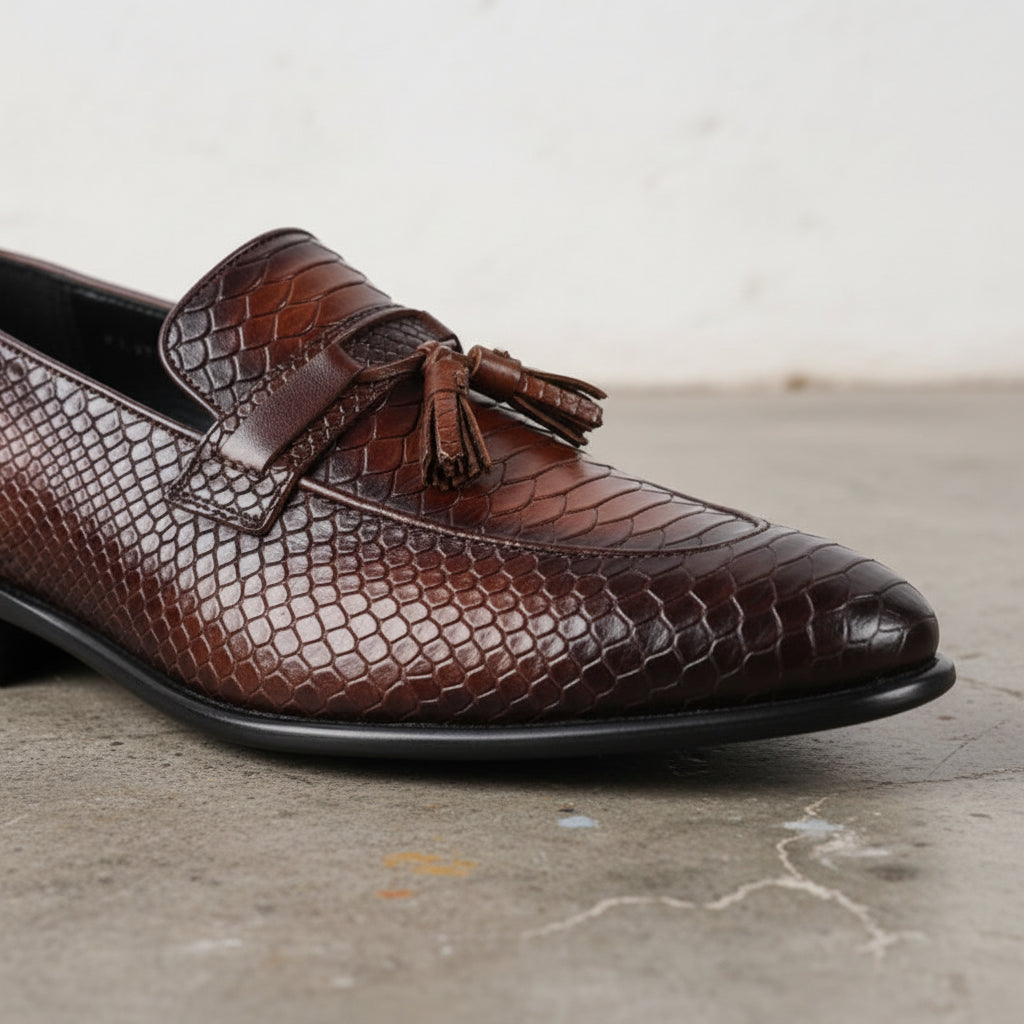 Men handmade shaded tan brown alligator texture leather tassels loafers - detail-view-showing-texture