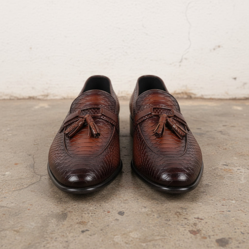 Men handmade shaded tan brown alligator texture leather tassels loafers - front-view