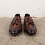 Men handmade shaded tan brown alligator texture leather tassels loafers - front-view