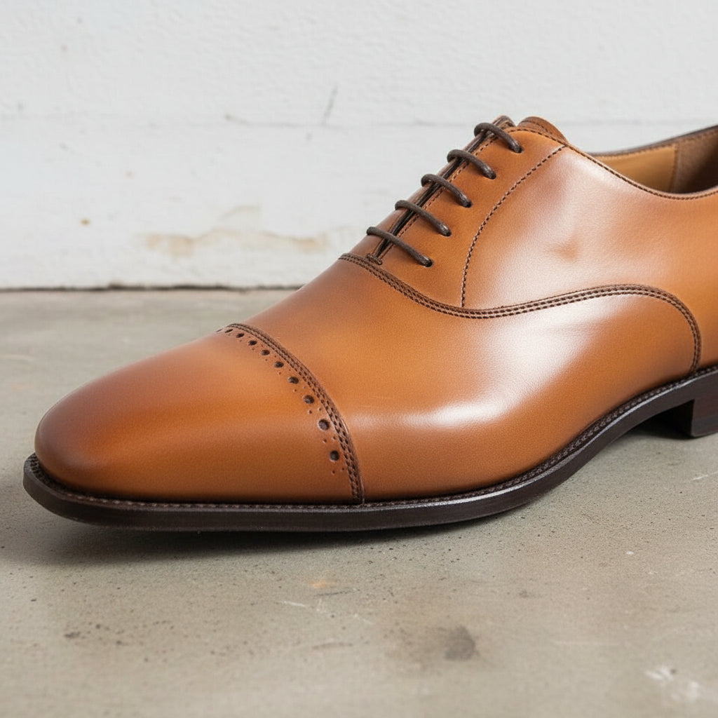 Men Handmade Tan Formal Dress Shoes with Lace up Closure, Dress Shoes - detail-view-showing-texture