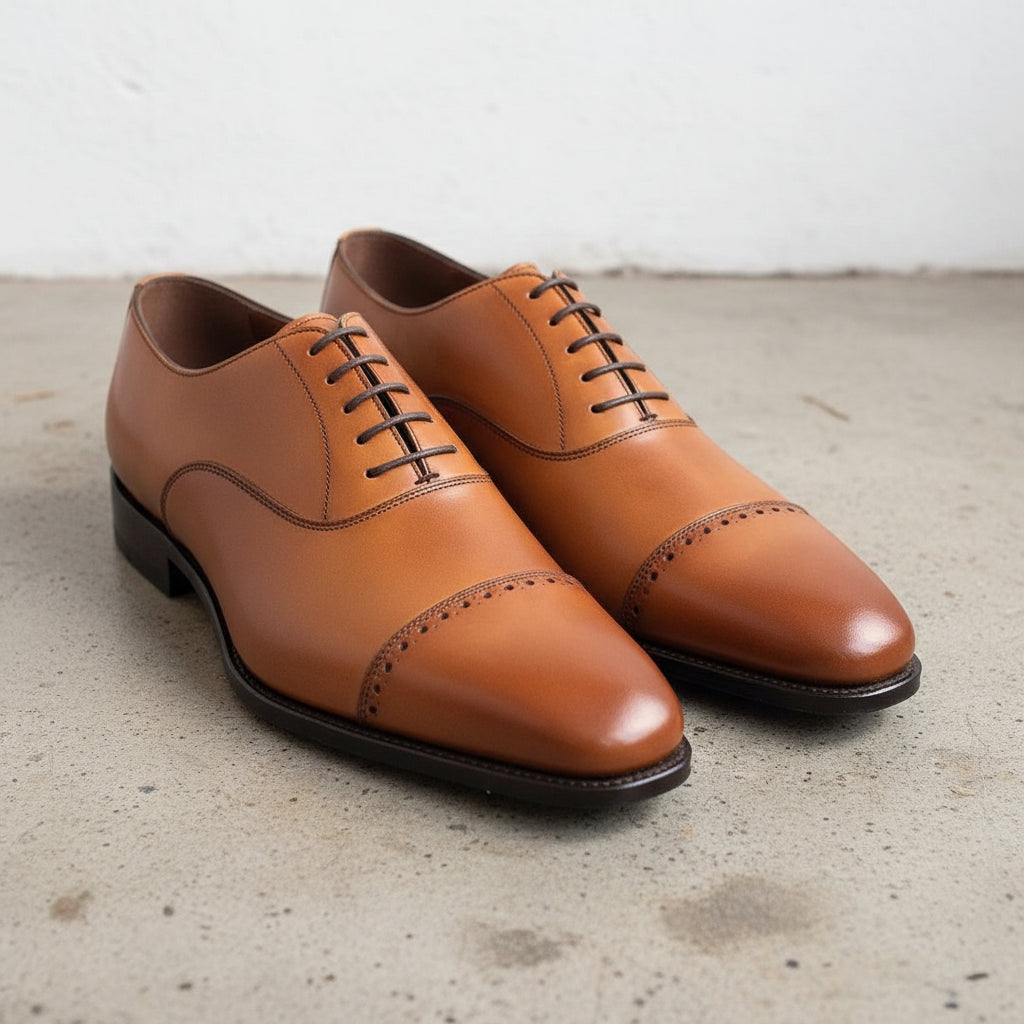 Men Handmade Tan Formal Dress Shoes with Lace up Closure, Dress Shoes - front-view