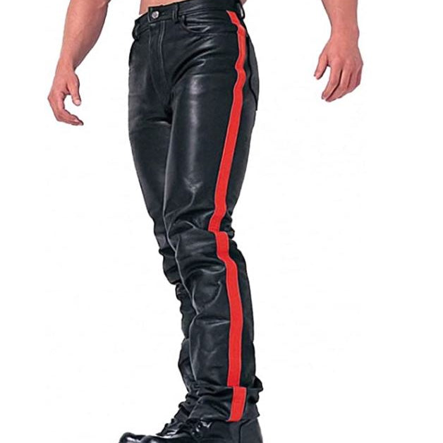 Men hot style cow leather motorcycle Jeans Men biker trouser with Red strip