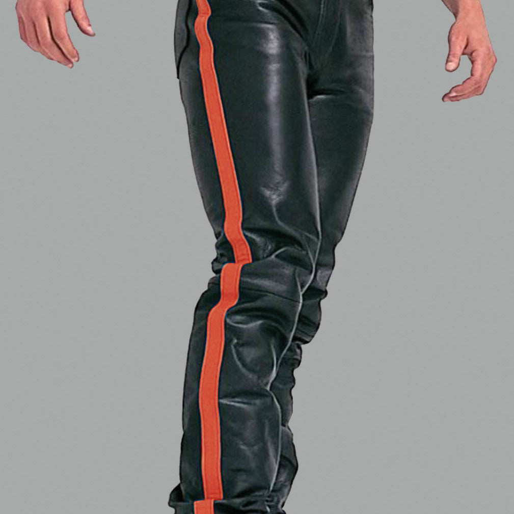 Men hot style cow leather motorcycle Jeans Men biker trouser with Red strip