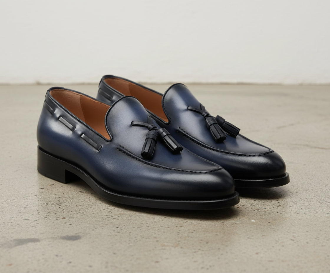 Men Navy blue leather dress shoes, Men leather formal shoe tassel moccasins - 3-4-right-view