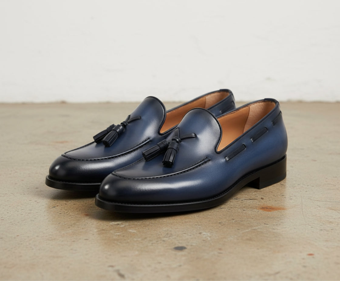 Men Navy blue leather dress shoes, Men leather formal shoe tassel moccasins - angle-view-showing-depth
