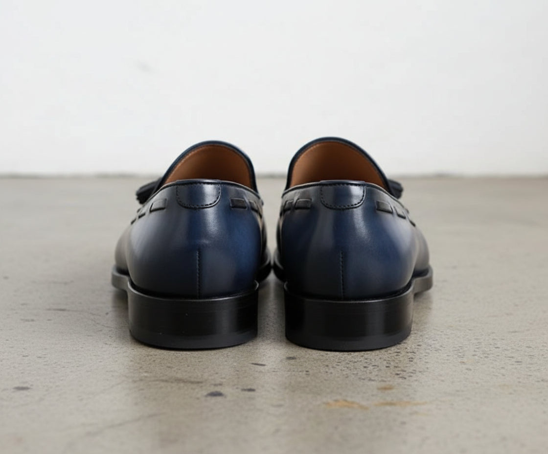 Men Navy blue leather dress shoes, Men leather formal shoe tassel moccasins - back-view