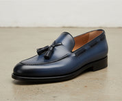 Men Navy blue leather dress shoes, Men leather formal shoe tassel moccasins - detail-view-showing-texture