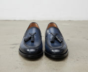 Men Navy blue leather dress shoes, Men leather formal shoe tassel moccasins - front-view