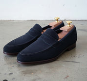 Men Navy Blue Suede Leather Moccasins Shoes, Casual Shoes Shoes - 3-4-right-view