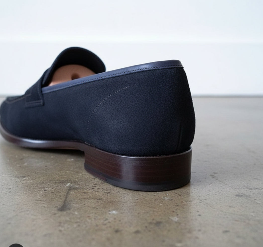 Men Navy Blue Suede Leather Moccasins Shoes, Casual Shoes Shoes - detail-view-showing-texture