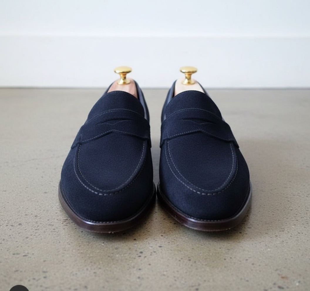 Men Navy Blue Suede Leather Moccasins Shoes, Casual Shoes Shoes - front-view